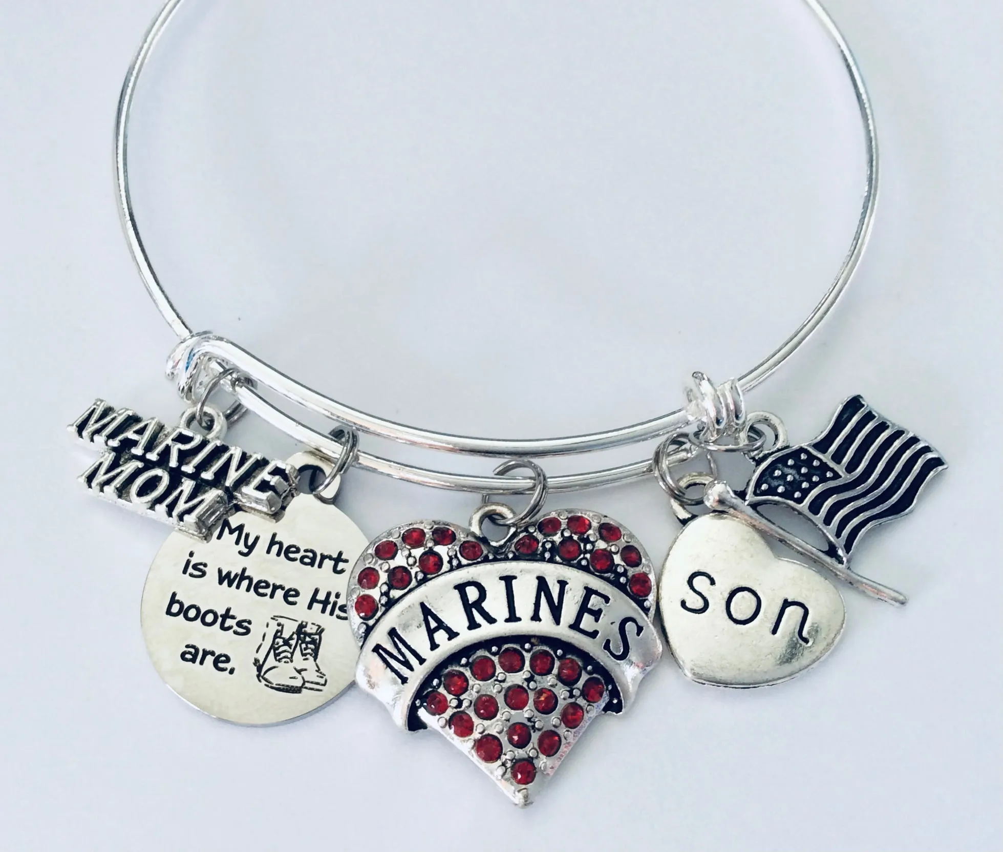 Marine Mom Expandable Charm Bracelet Adjustable Bangle USA Flag Military One Size Fits All Gift Patriotic Marines