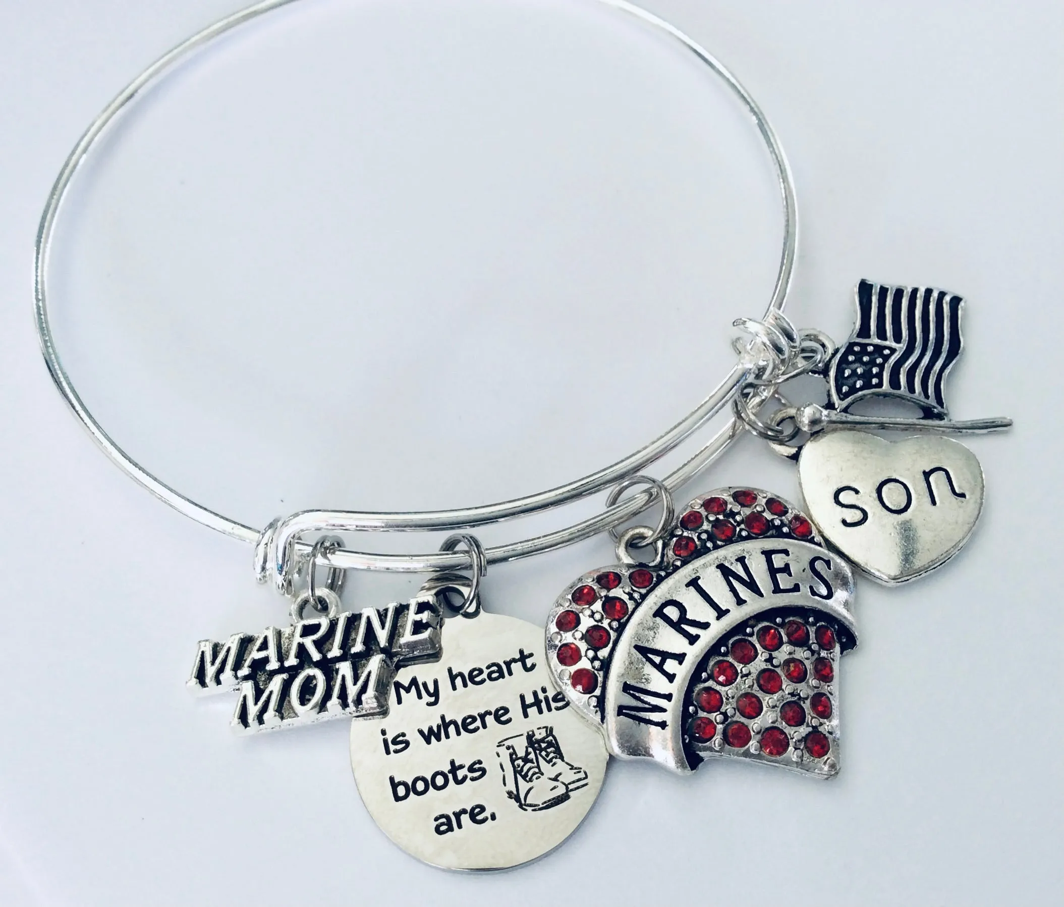 Marine Mom Expandable Charm Bracelet Adjustable Bangle USA Flag Military One Size Fits All Gift Patriotic Marines