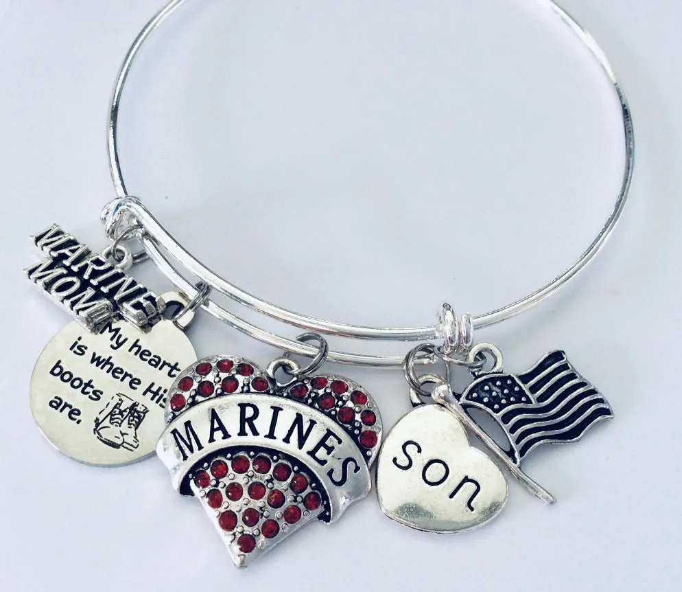 Marine Mom Expandable Charm Bracelet Adjustable Bangle USA Flag Military One Size Fits All Gift Patriotic Marines