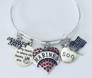 Marine Mom Expandable Charm Bracelet Adjustable Bangle USA Flag Military One Size Fits All Gift Patriotic Marines
