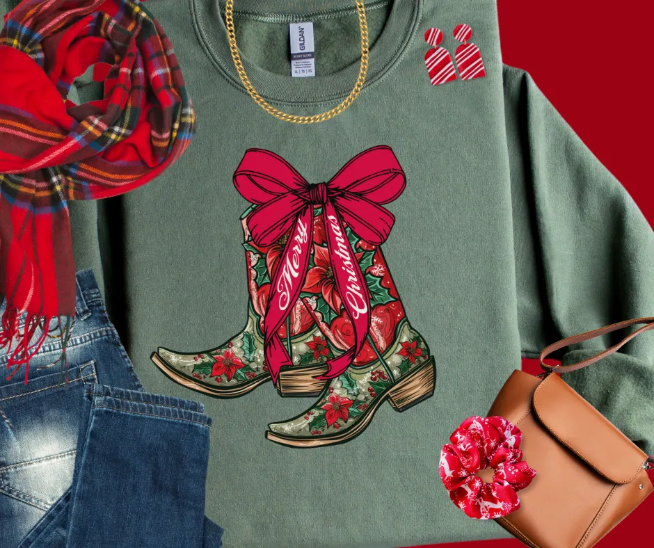 Merry Christmas Cowgirl Poinsettia Floral Boots Military Green Sweatshirt