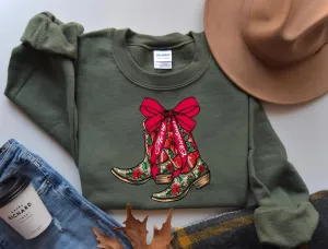 Merry Christmas Cowgirl Poinsettia Floral Boots Military Green Sweatshirt