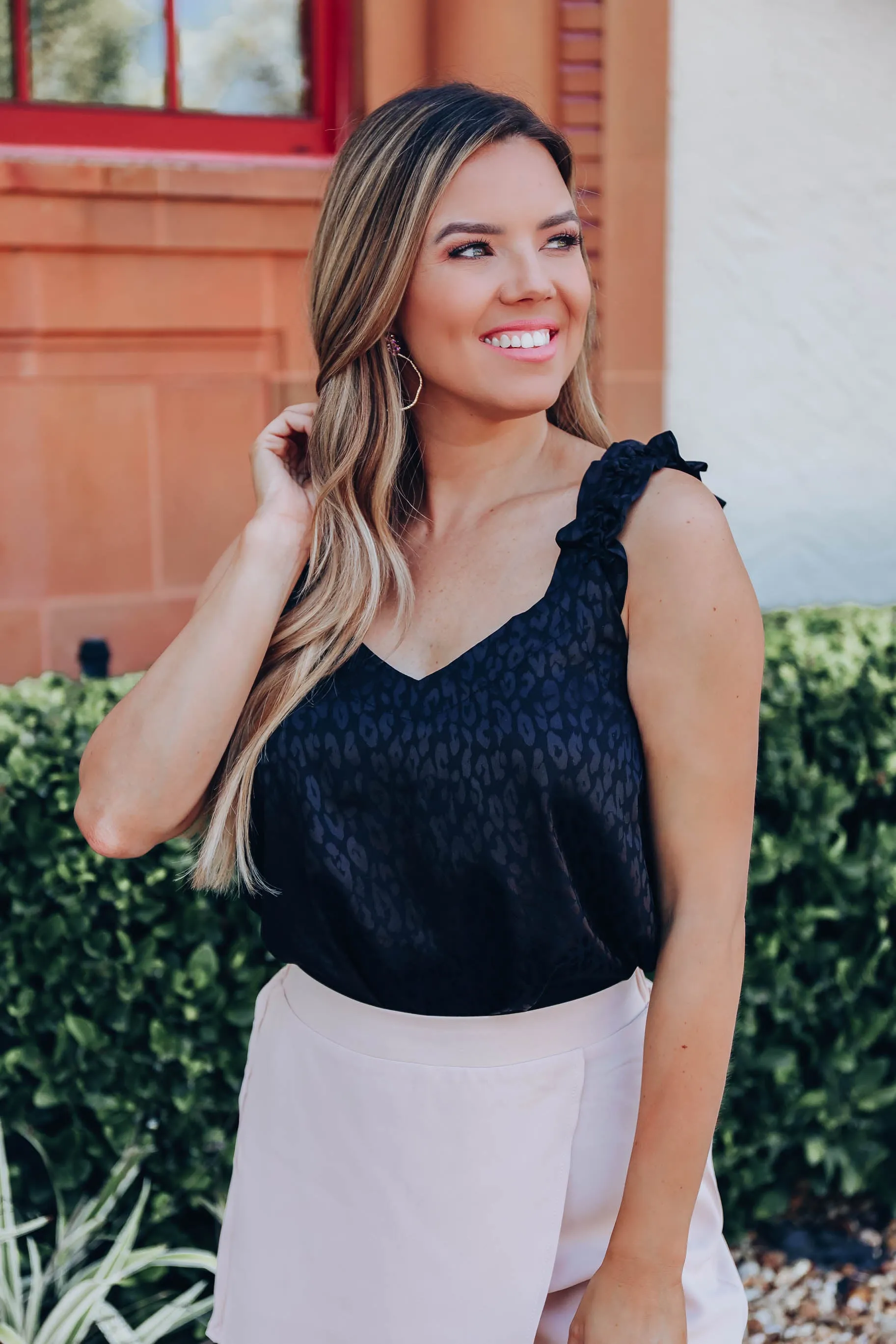 Monochromatic Satin Ruffle Tank - Black