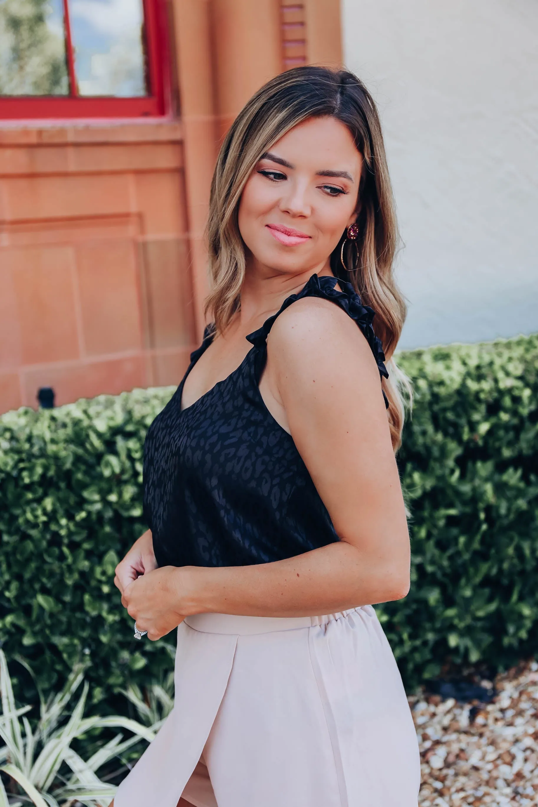 Monochromatic Satin Ruffle Tank - Black