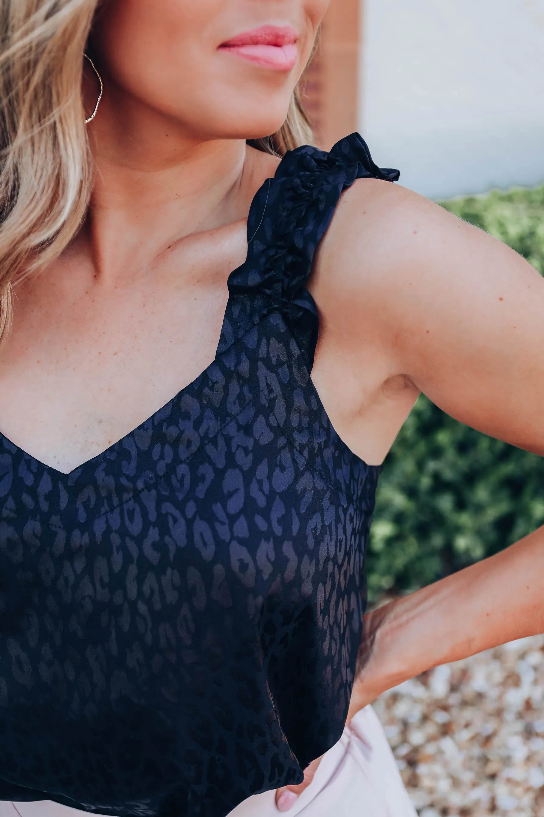 Monochromatic Satin Ruffle Tank - Black