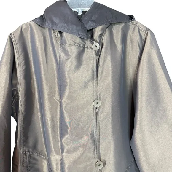 Nordstrom Iridescent Olive Green &amp; Black Reversible Hooded Maxi Rain Coat Small