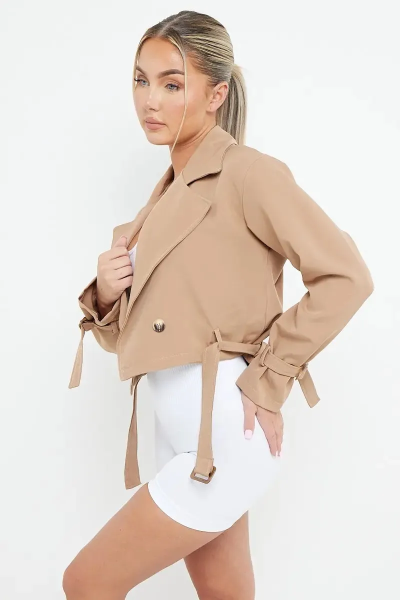 Notch Lapel Belt Decor Short Jacket