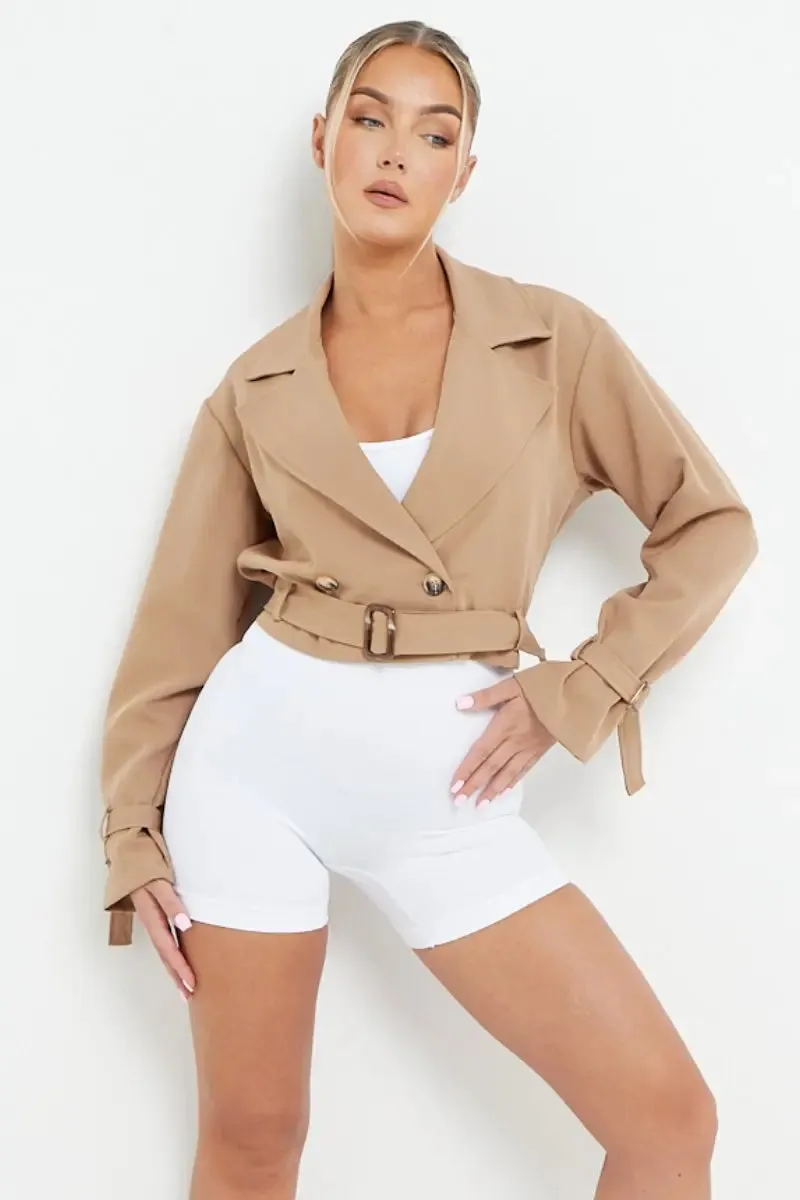 Notch Lapel Belt Decor Short Jacket