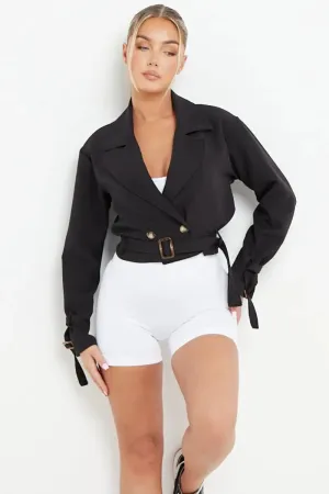 Notch Lapel Belt Decor Short Jacket