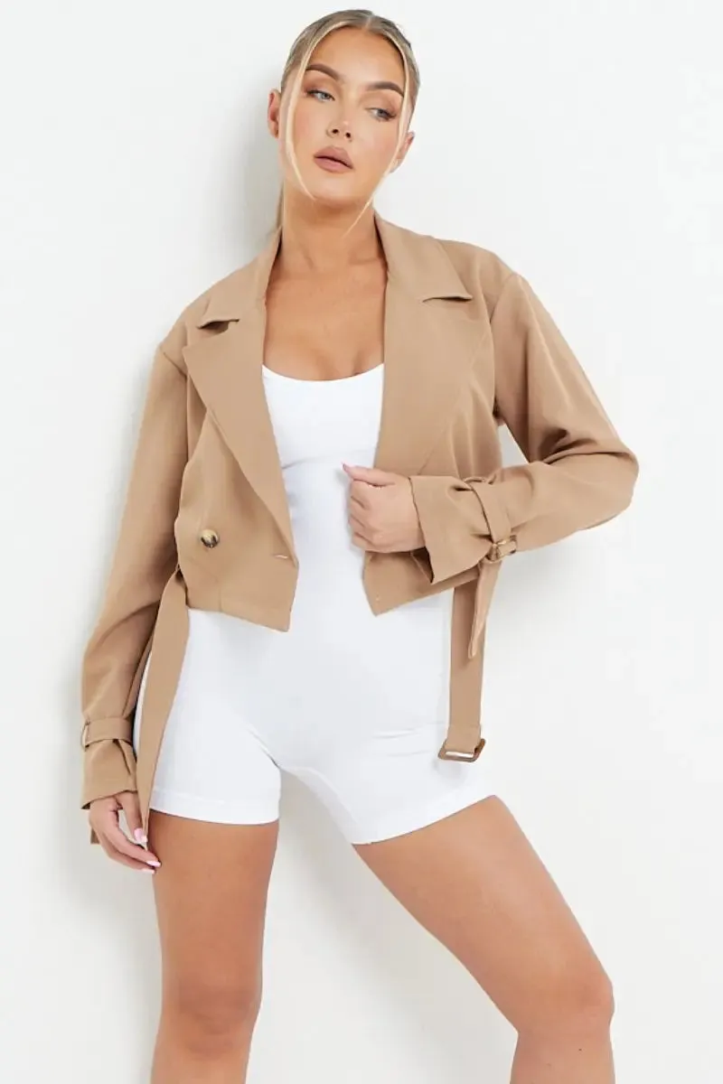 Notch Lapel Belt Decor Short Jacket