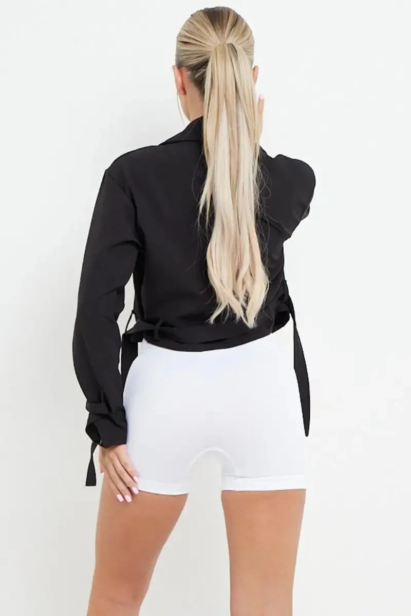 Notch Lapel Belt Decor Short Jacket