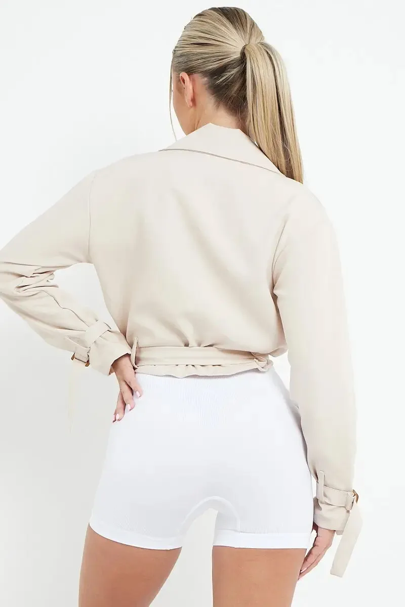 Notch Lapel Belt Decor Short Jacket
