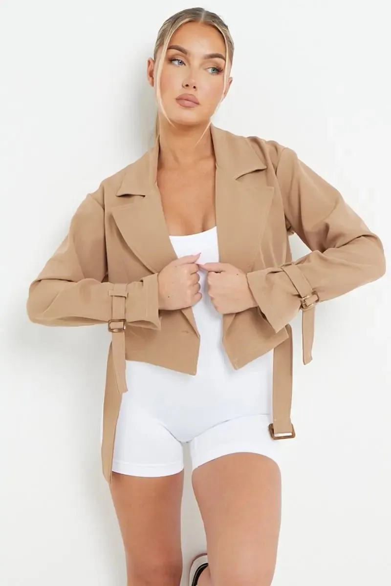 Notch Lapel Belt Decor Short Jacket