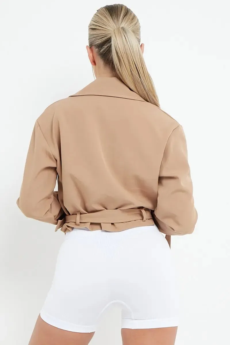 Notch Lapel Belt Decor Short Jacket