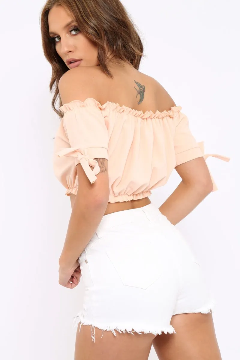 Nude Ruched Bardot Gypsy Crop Top - Janette