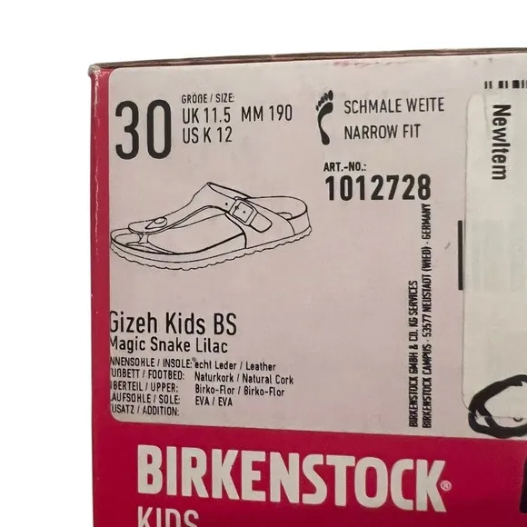 NWT Birkenstock Kid Gizeh Birko-Flor Sandals in Magic Snake Lilac in size 12