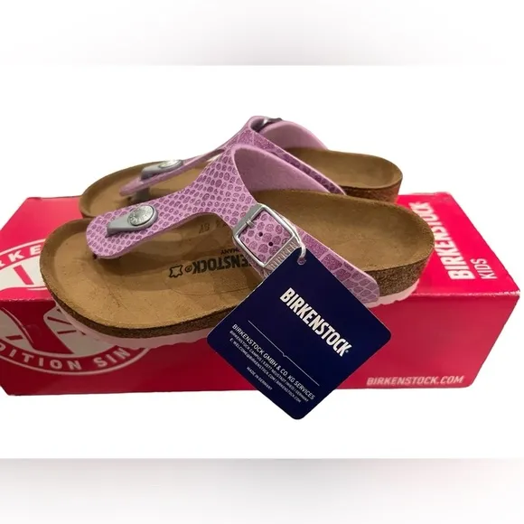 NWT Birkenstock Kid Gizeh Birko-Flor Sandals in Magic Snake Lilac in size 12