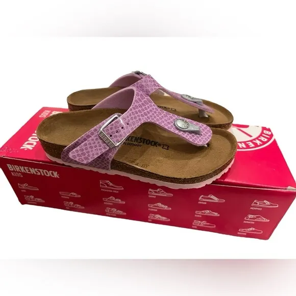 NWT Birkenstock Kid Gizeh Birko-Flor Sandals in Magic Snake Lilac in size 12