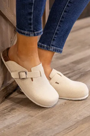 Off White Corduroy Slip On Clogs