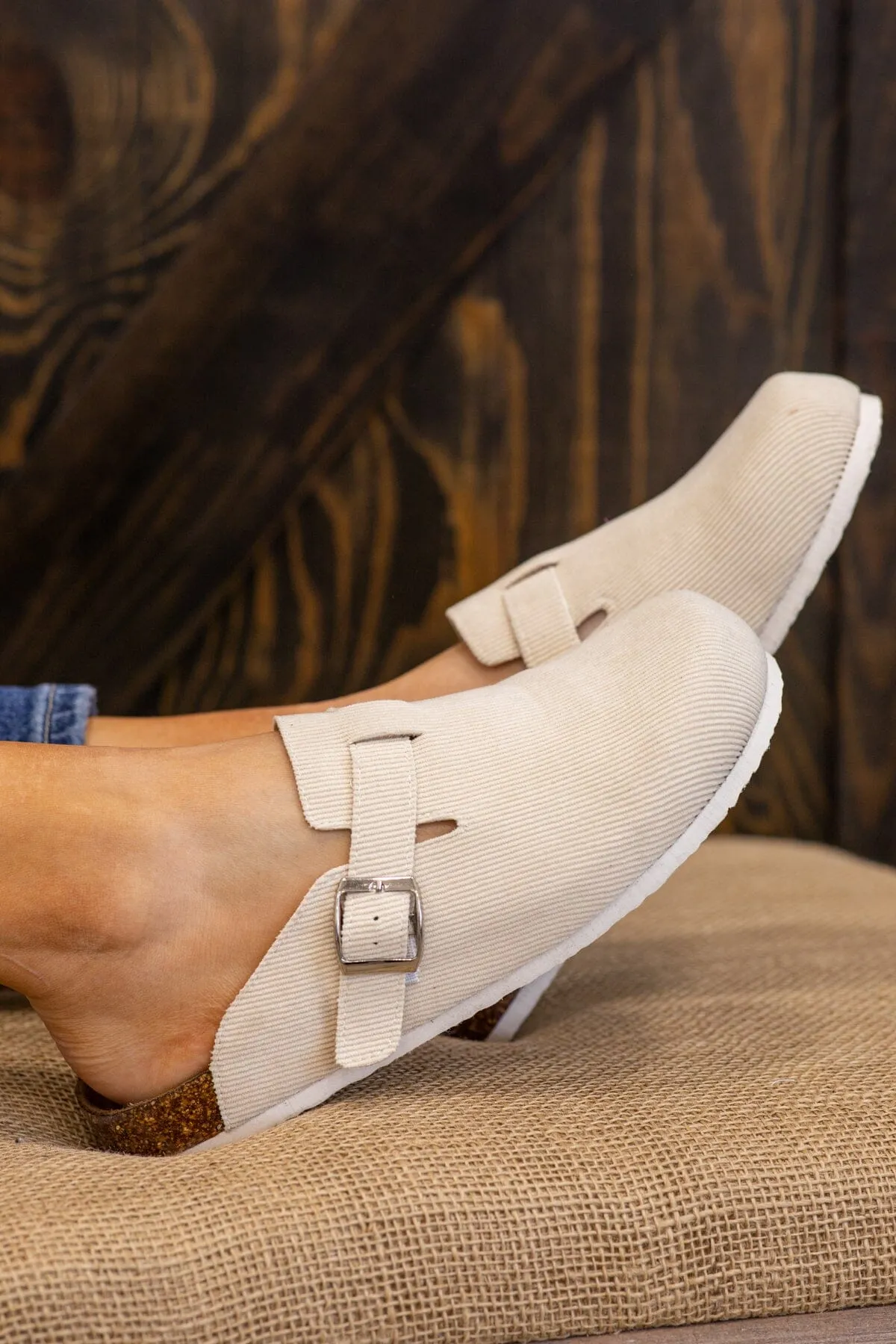 Off White Corduroy Slip On Clogs