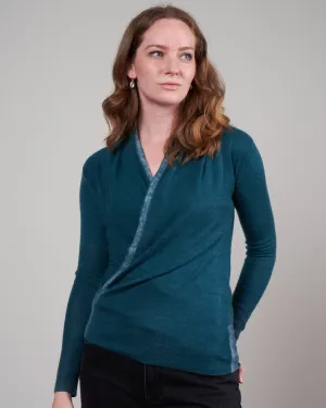 printed worsted cashmere wrap top - teal