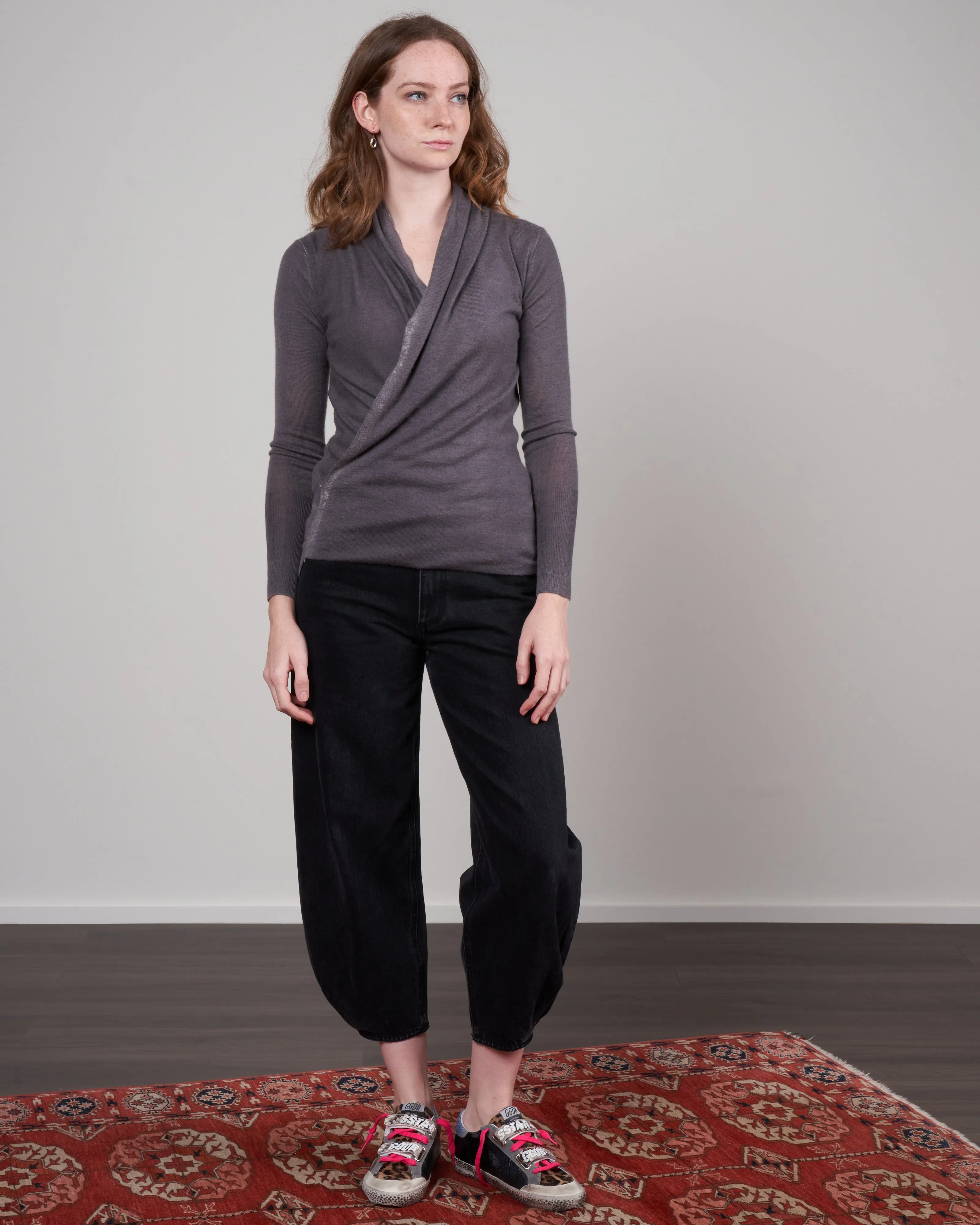 printed worsted cashmere wrap top - thunder