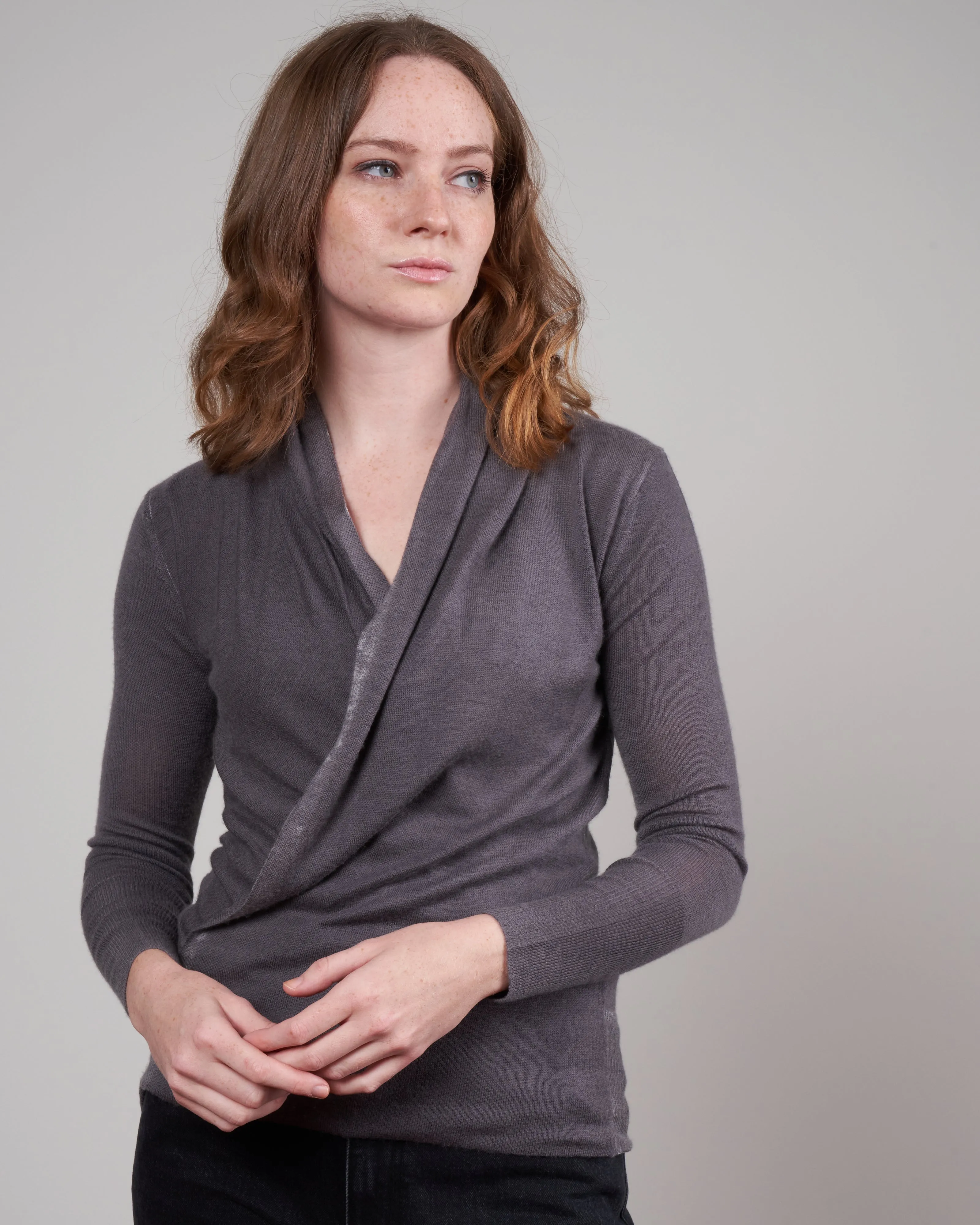 printed worsted cashmere wrap top - thunder
