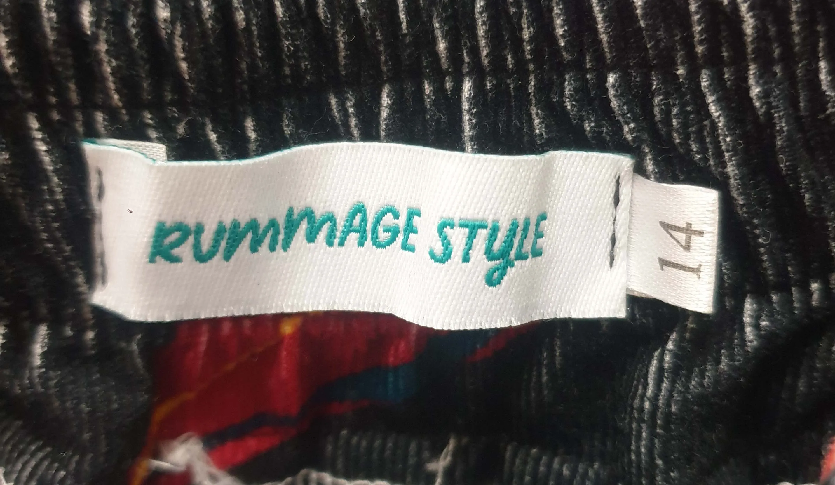 Rummage Style black cord skirt with cute leaf print size 14