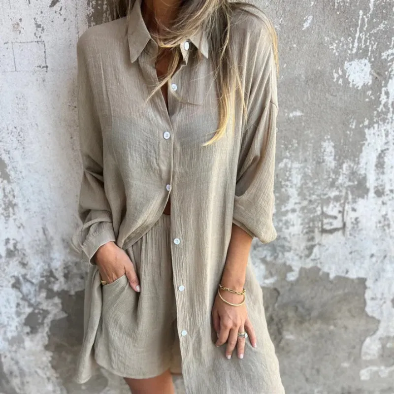 🌸Spring Specials💐 Women's Casual Long Sleeve Shirt & Shorts (2-Piece Set)