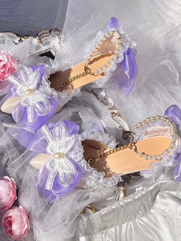 Sweet Lolita Sandals Ruffles Bows Pearls Pointed Toe Elastic Fabric Purple Lolita Summer Shoes