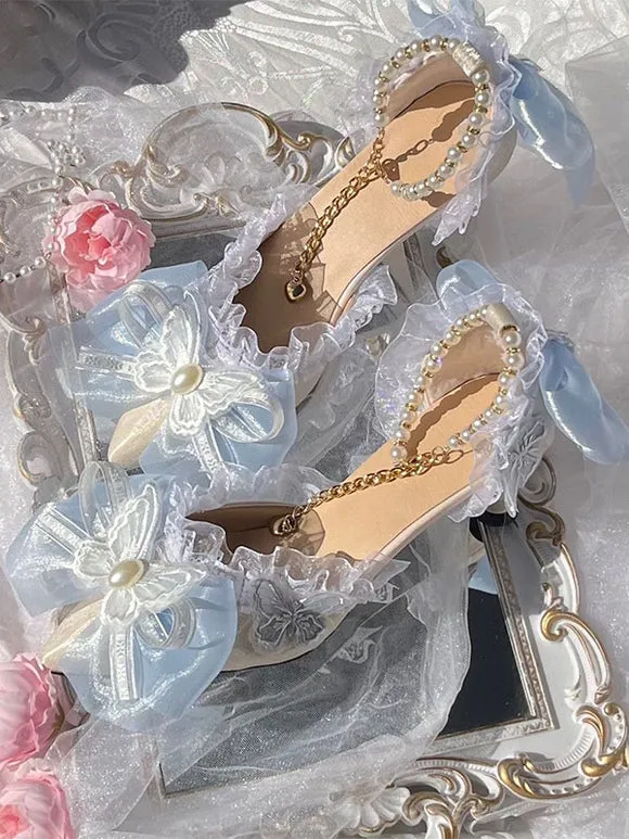 Sweet Lolita Sandals Ruffles Bows Pearls Pointed Toe Elastic Fabric Purple Lolita Summer Shoes