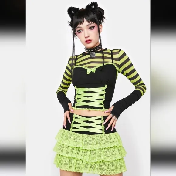 🆕️SzL Neon Green &amp; Black Acting Envious Mini Skirt / The Grave Girls🆓Bracelet