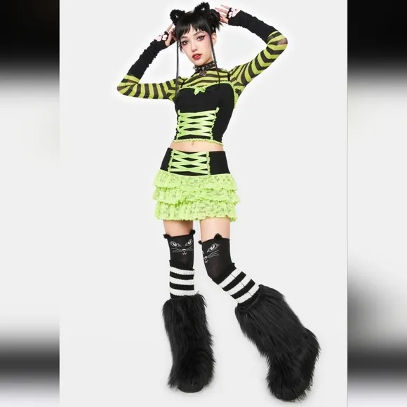 🆕️SzL Neon Green &amp; Black Acting Envious Mini Skirt / The Grave Girls🆓Bracelet