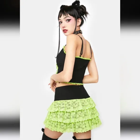 🆕️SzL Neon Green &amp; Black Acting Envious Mini Skirt / The Grave Girls🆓Bracelet