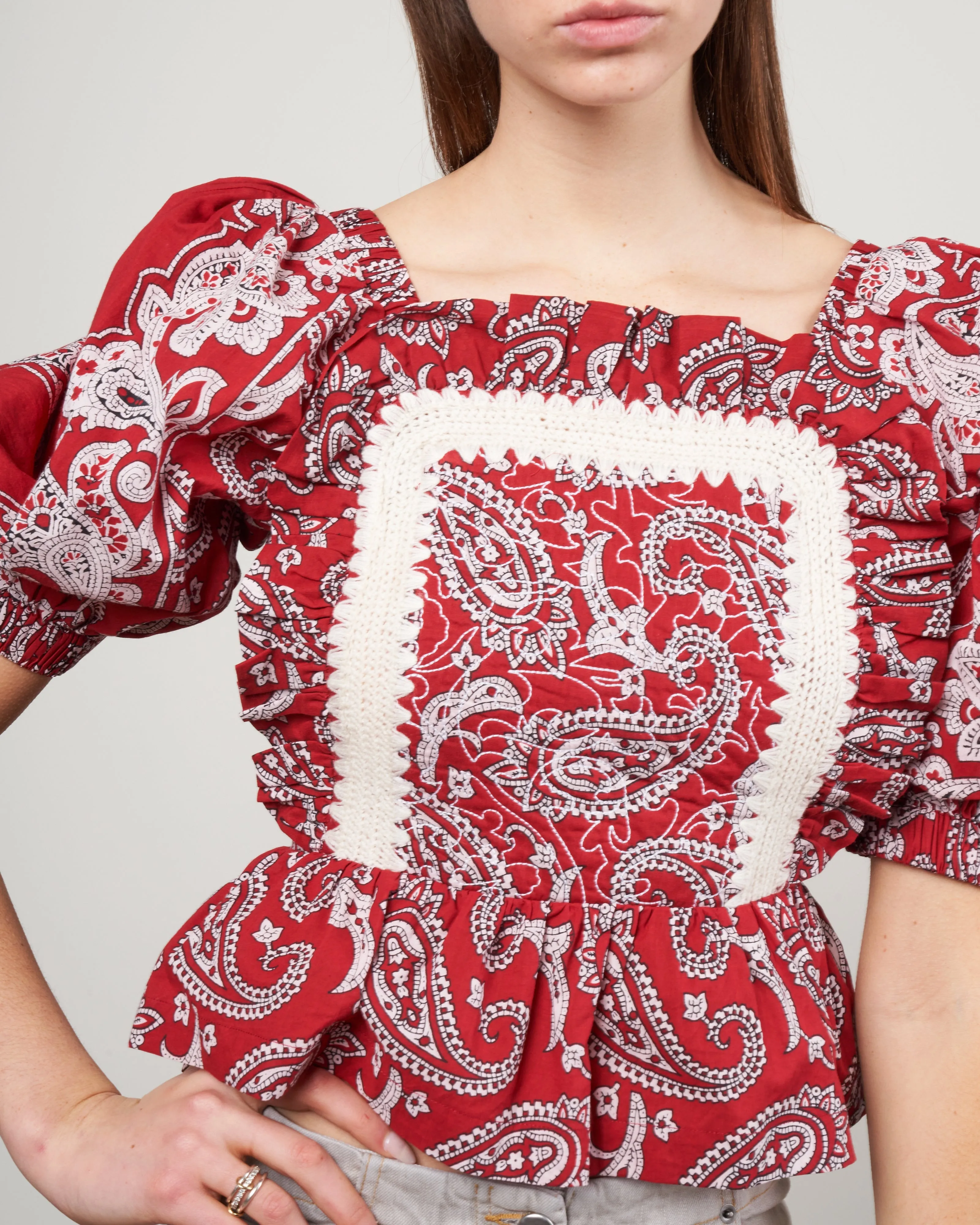 theodora paisley print puff sleeve top - red