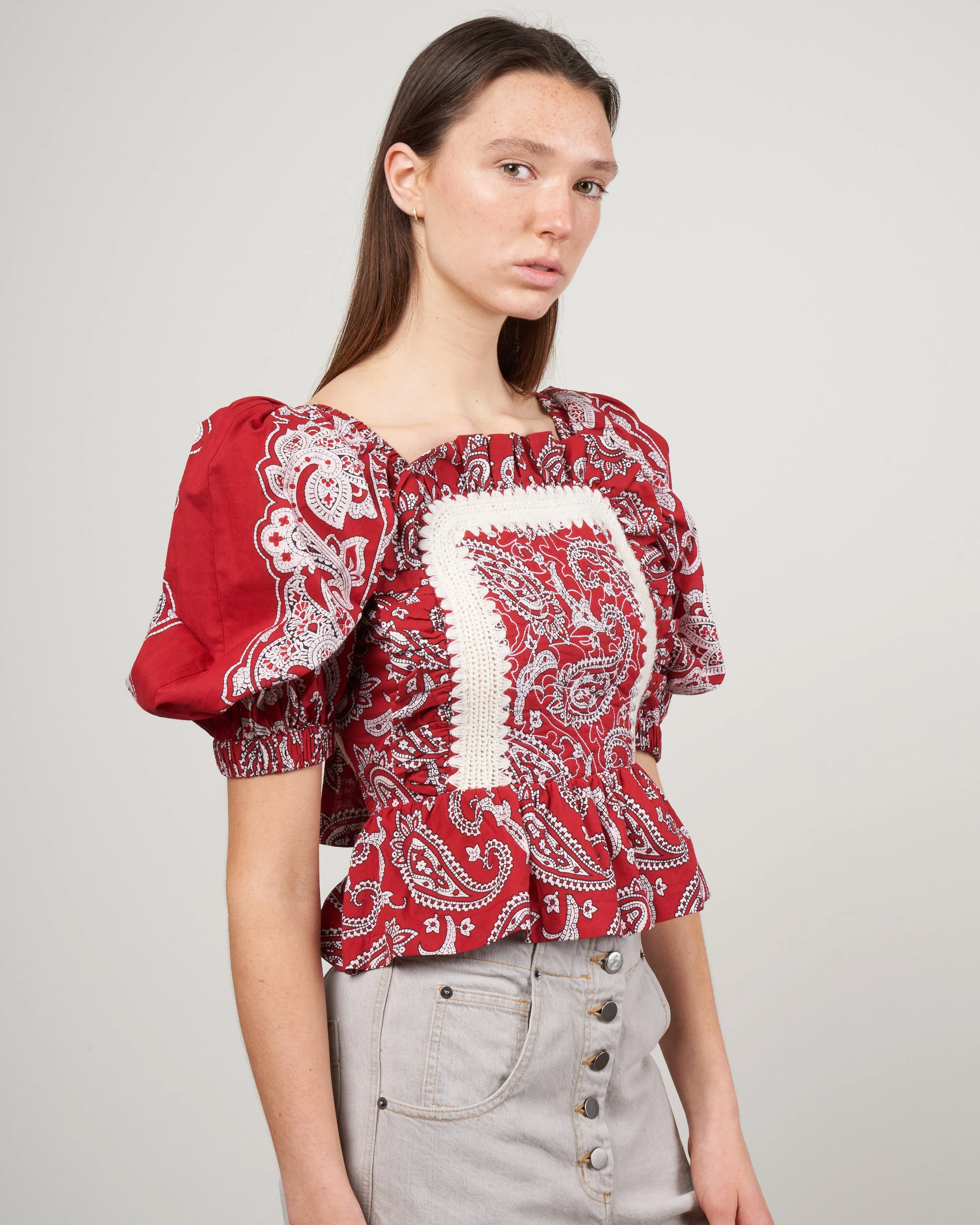 theodora paisley print puff sleeve top - red