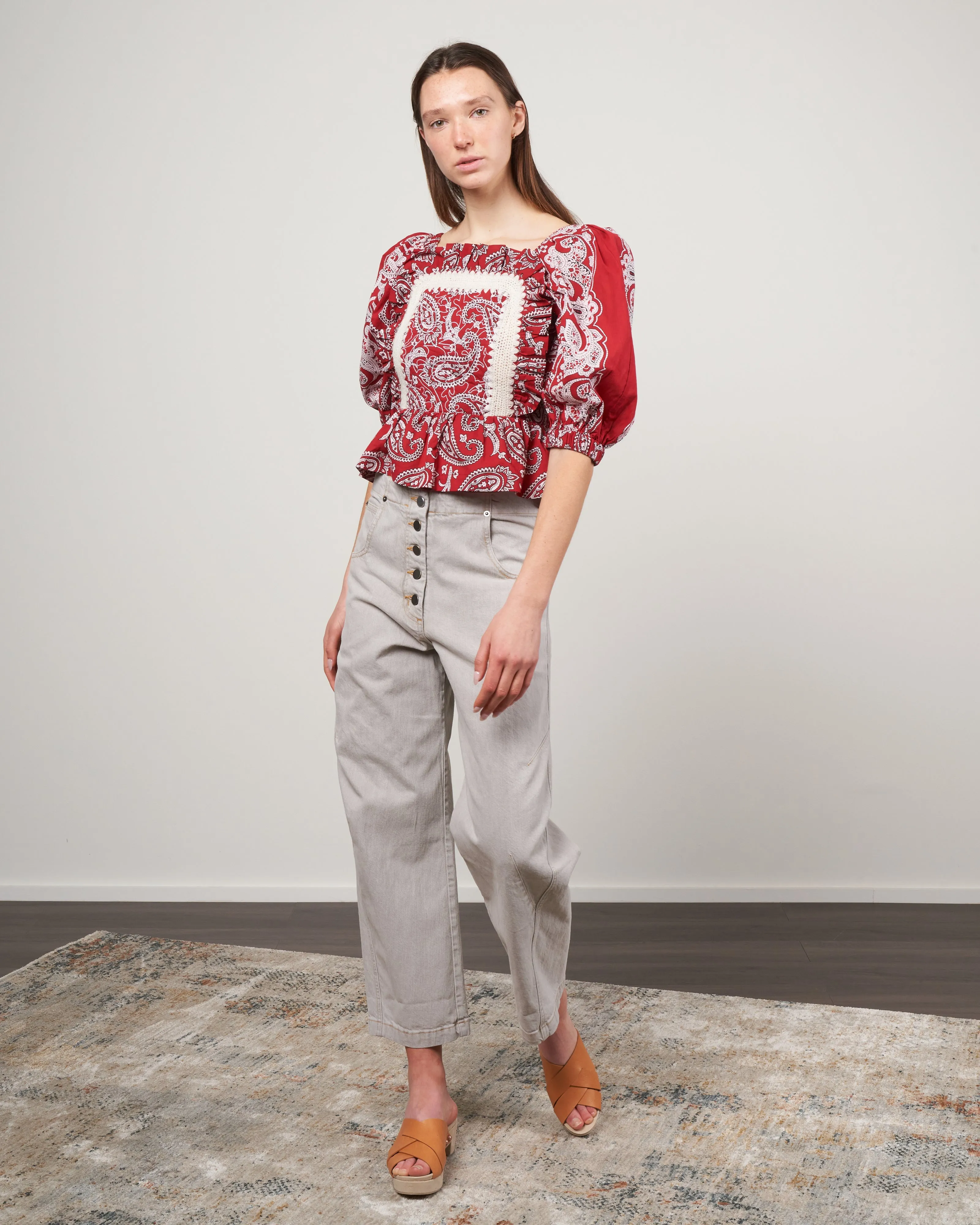 theodora paisley print puff sleeve top - red