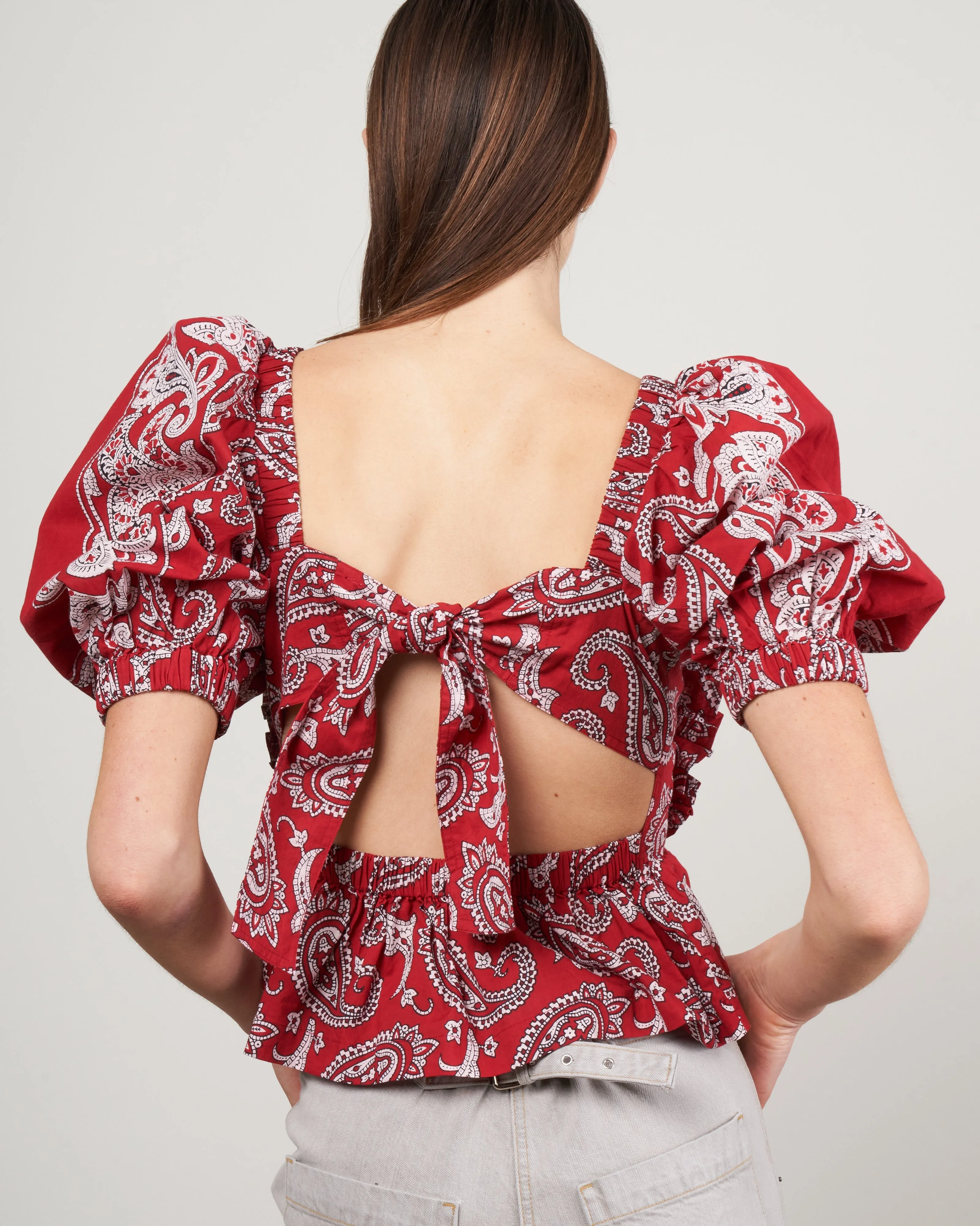 theodora paisley print puff sleeve top - red