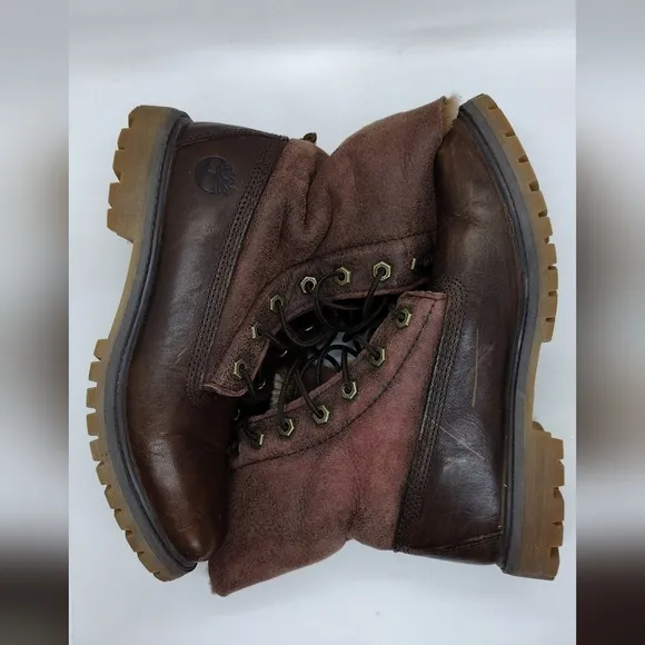 Timberland Leather Sherpa Boots Women's 7.5 Brown Anti-Fatigue Military Retro