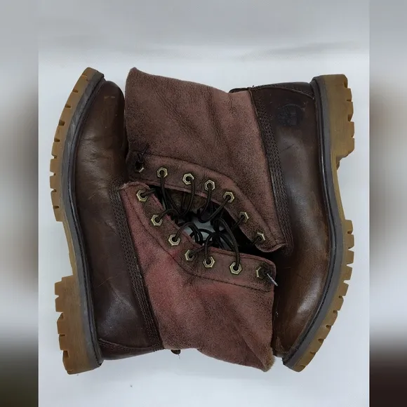 Timberland Leather Sherpa Boots Women's 7.5 Brown Anti-Fatigue Military Retro