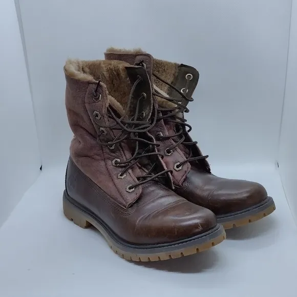 Timberland Leather Sherpa Boots Women's 7.5 Brown Anti-Fatigue Military Retro