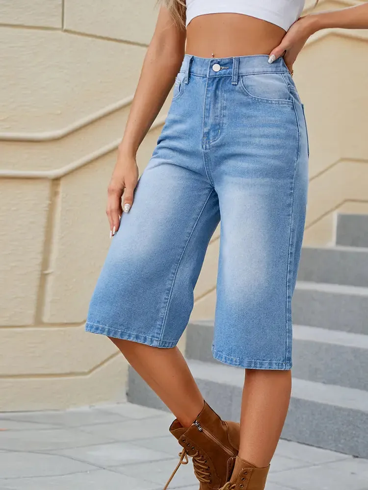 Washed Elastic Denim Capri Pants