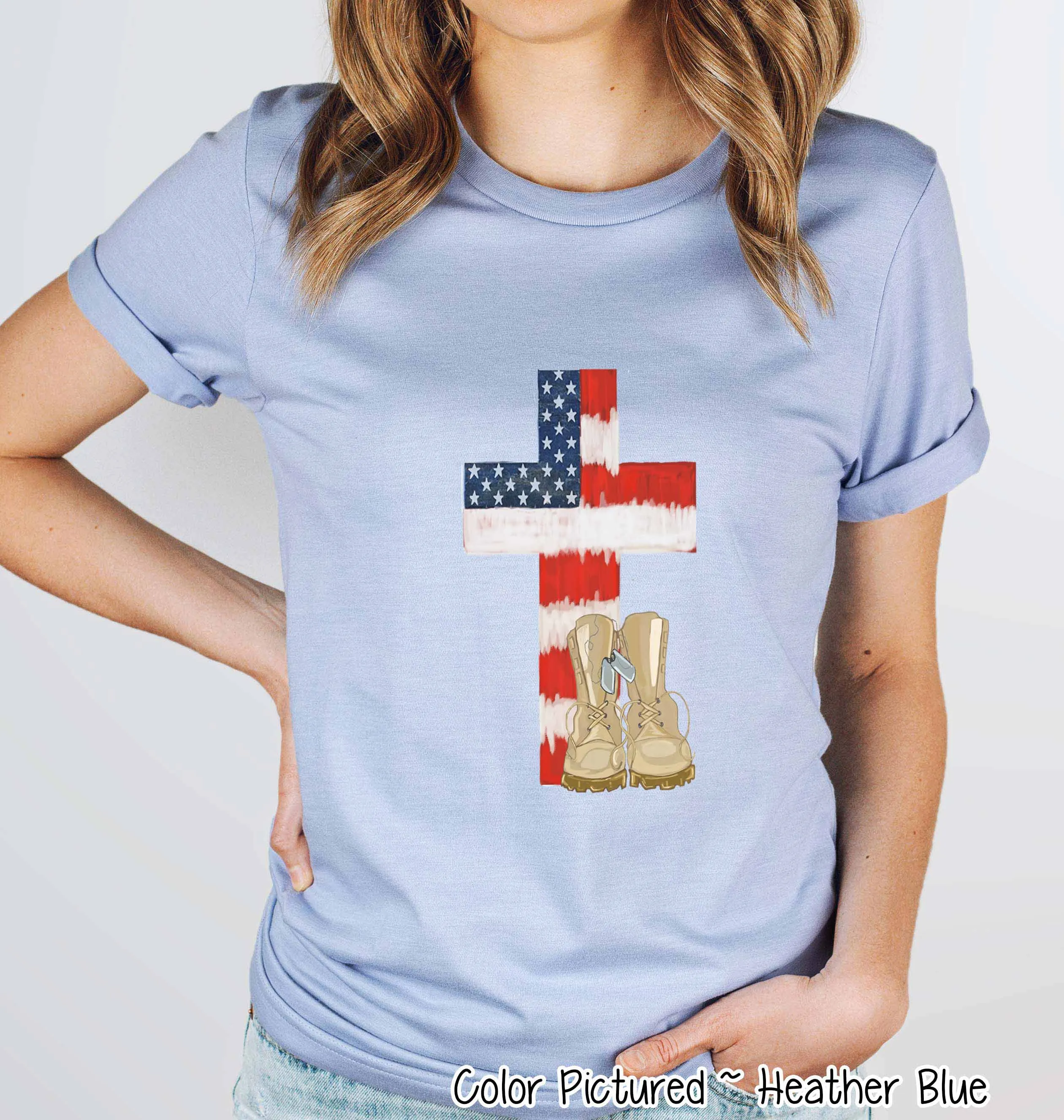 Watercolor American Flag Cross Tee with Military Boots