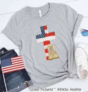 Watercolor American Flag Cross Tee with Military Boots