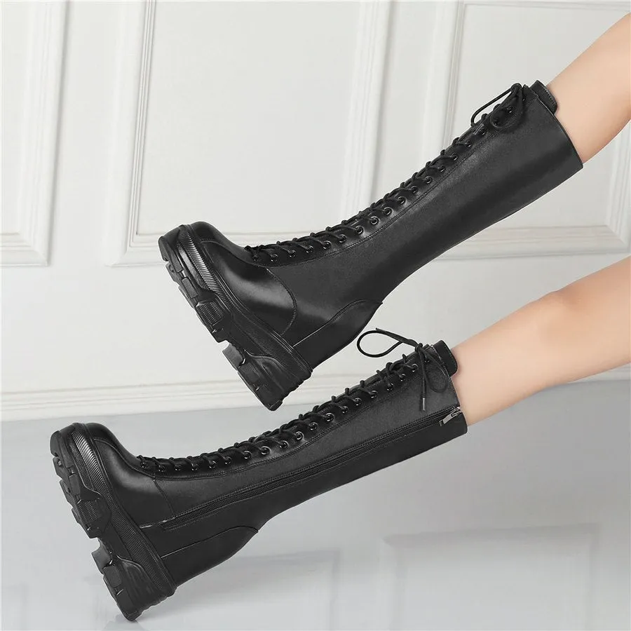 Women Lace Up Strap Cow Leather High Heel Mid Calf Military Boots