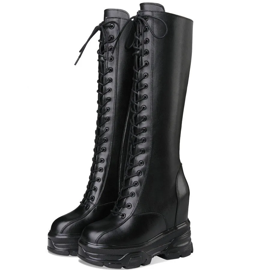 Women Lace Up Strap Cow Leather High Heel Mid Calf Military Boots