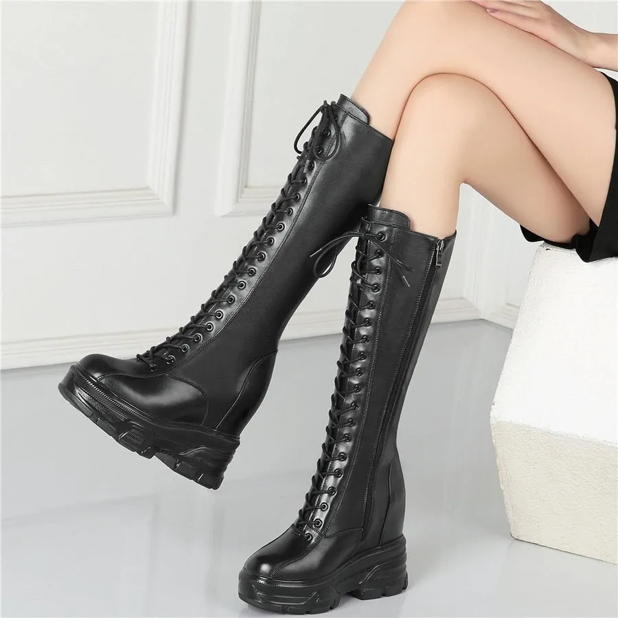 Women Lace Up Strap Cow Leather High Heel Mid Calf Military Boots