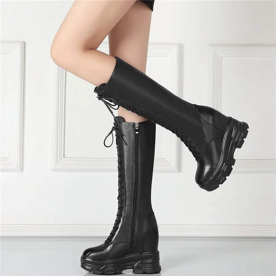 Women Lace Up Strap Cow Leather High Heel Mid Calf Military Boots