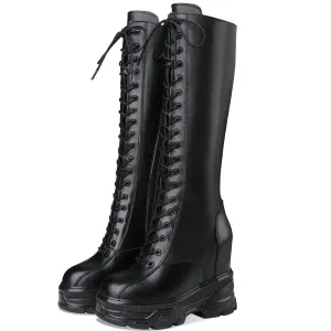 Women Lace Up Strap Cow Leather High Heel Mid Calf Military Boots