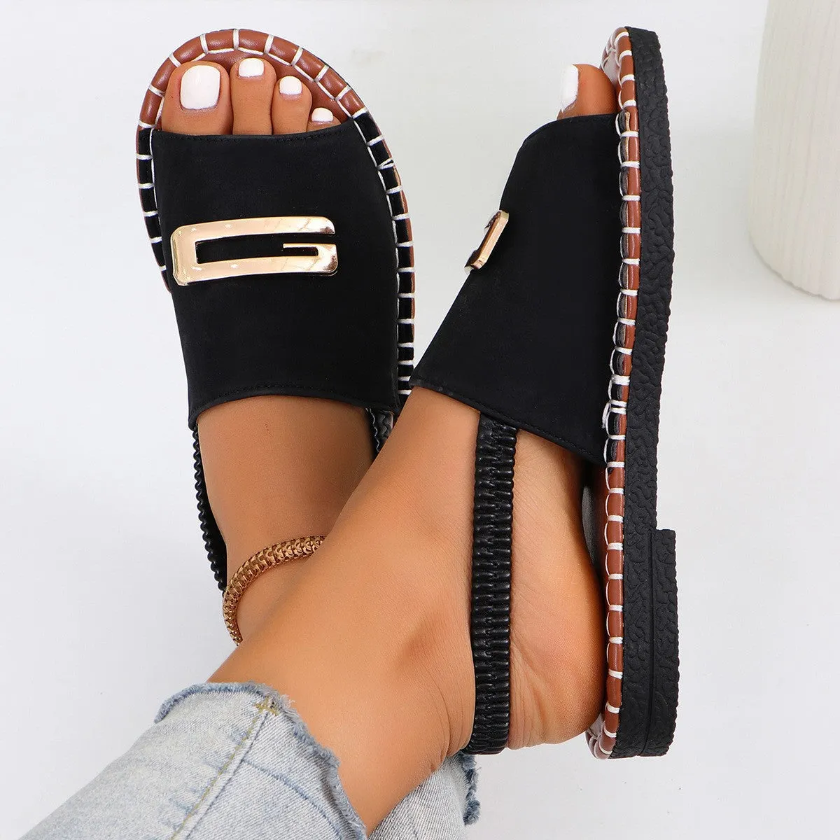 XIEYINSHE  European and American New Flat Sandals Women's Cross-Border Cloth Elastic Band Metal Decorations Large Size Shoes Beach Shoes Wholesale